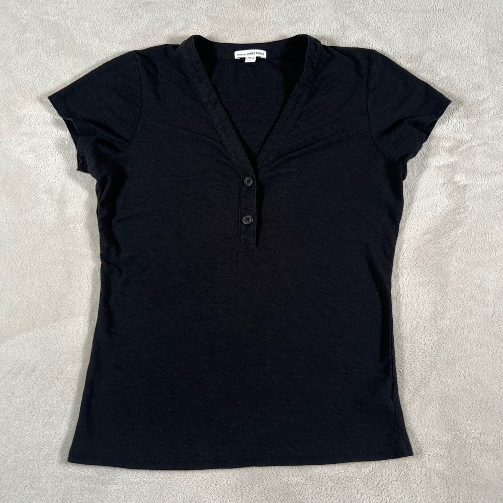 James Perse Standard Shirt Womens Size 2 Black Cotton Modal Henley V-Neck Casual